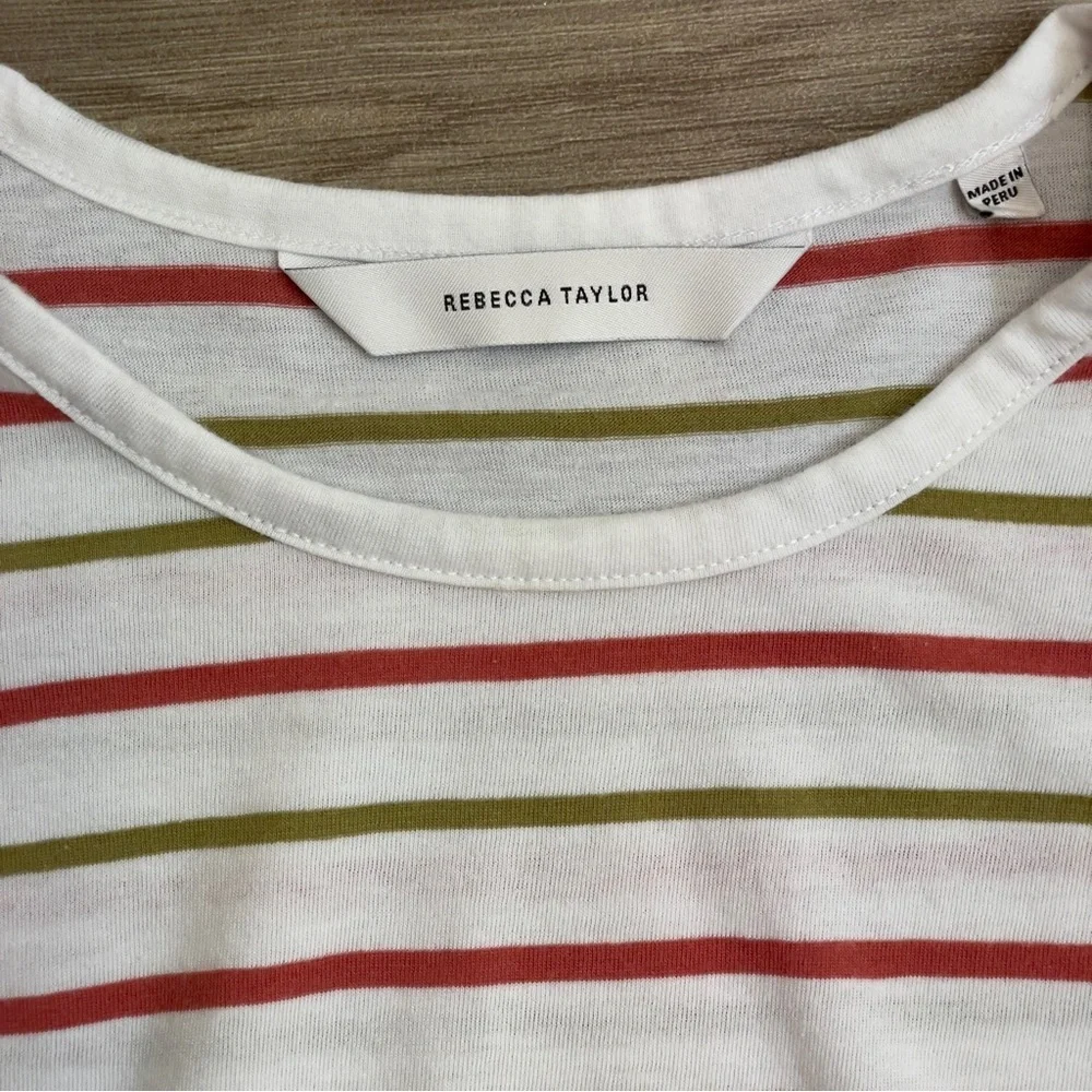 Rebecca Taylor A-Line White & Multicolor Striped Puff Sleeve T-Shirt
